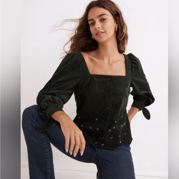 Madewell Tops - Madewell Embroidered ‎ Corduroy Tie Sleeve
Eyelet Blouse size XS NO SIZE TAG